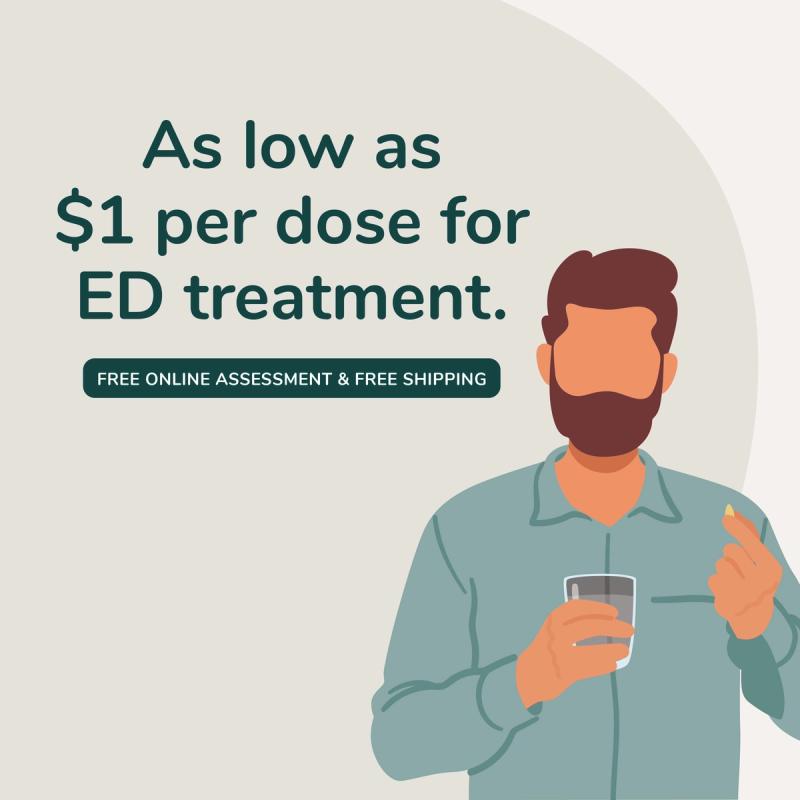 Illustration of Man Taking ED Medication. As Low As $1 Per Dose.