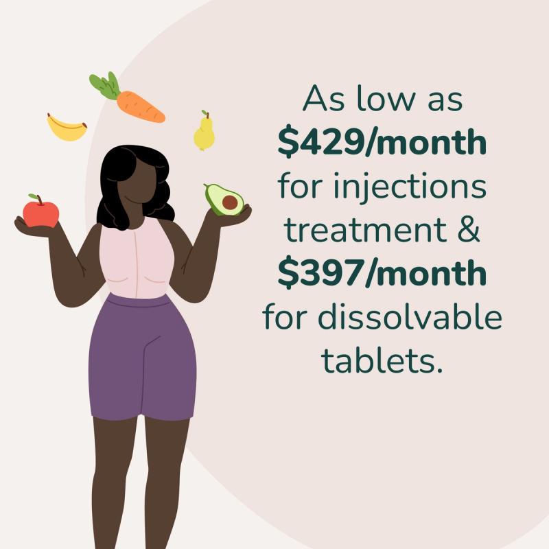 Illustration of a woman juggling fruits and vegetables. As low as $429/month for injections treatment and $397/month for dissolvable tablets.