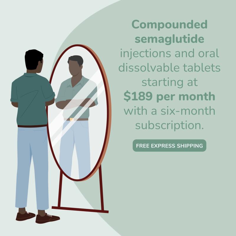 Man standing in front of a mirror. Compounded semaglutide injections and oral dissolvable tablets starting at $189 per month with a six-month subscription.