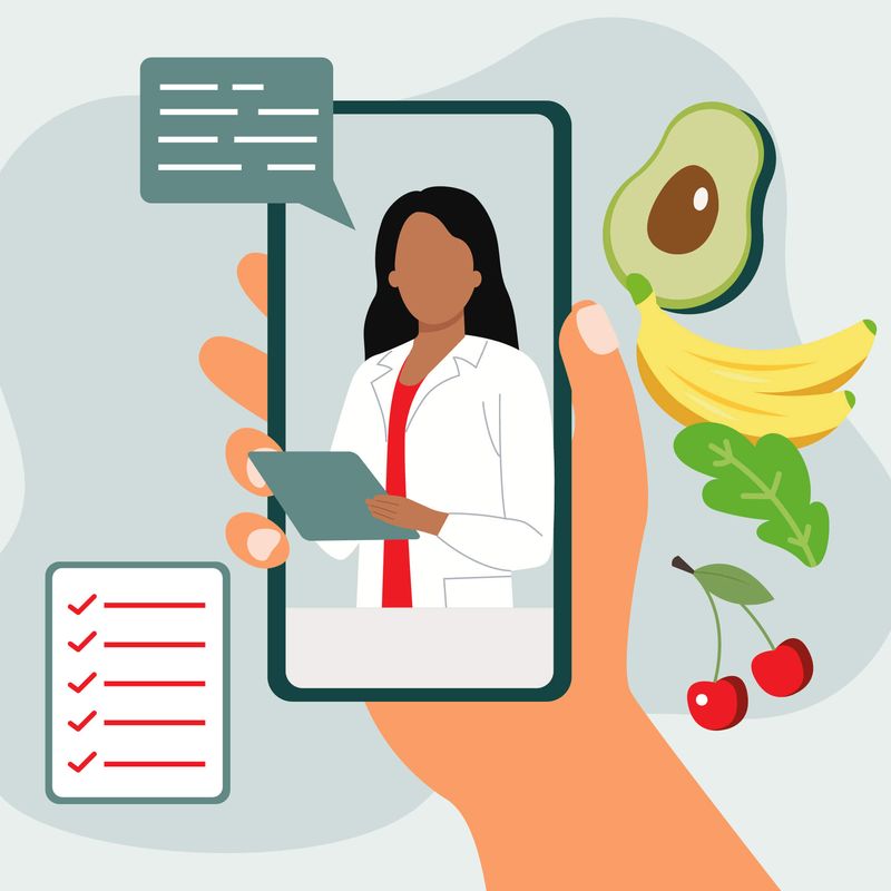 Illustration of a registered dietitian on a phone with a message speech bubble, checklist and healthy food