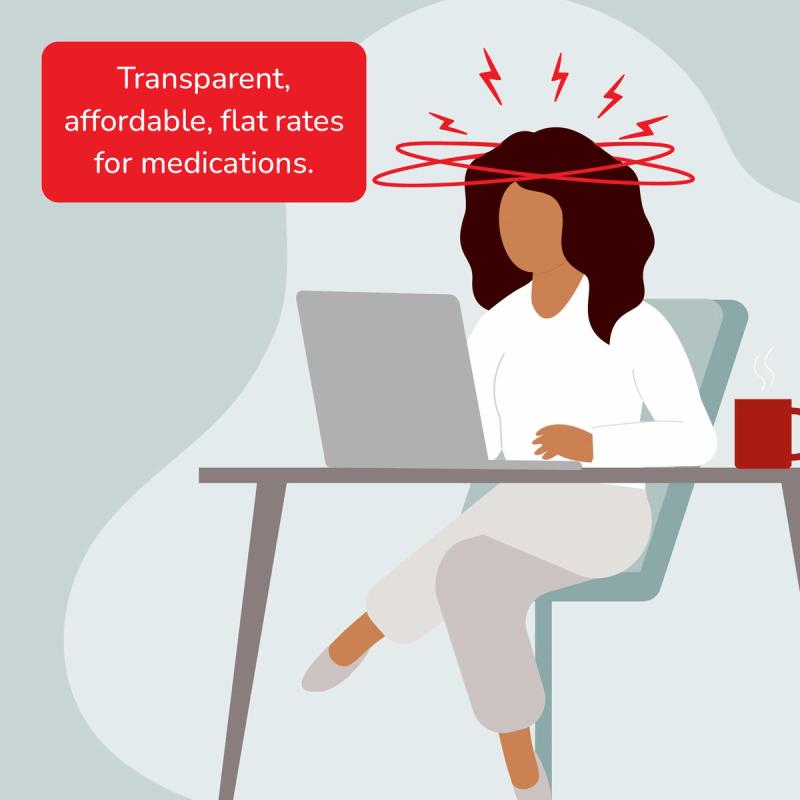Illustration of Woman On Laptop. Transparent, Affordable, Flat Rates for Medications.