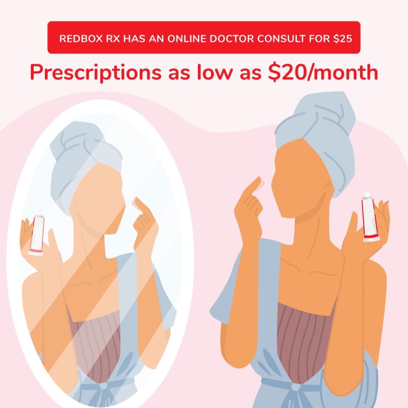 Illustration of Woman Holding A Tube of Product. RedBox Rx Has an Online Doctor Consult for $25. Prescriptions as Low as $20/month.