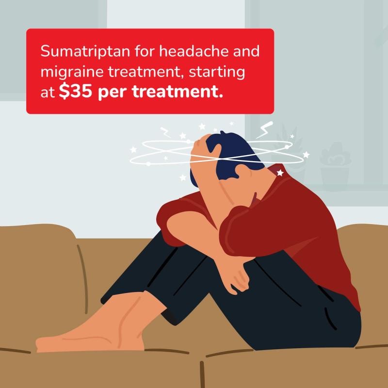 Illustration of Man with a Migraine. Sumatriptan for Headache and Migraine Treatment, Starting at $35 Per Treatment.