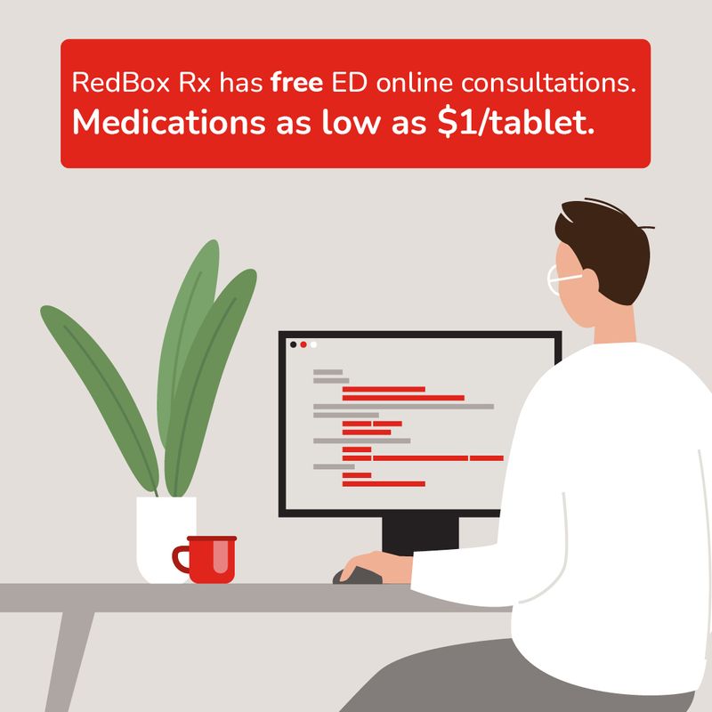 Man at Computer on a RedBox Rx Telehealth Consult. Free ED Consult, Meds for $1/Tablet.