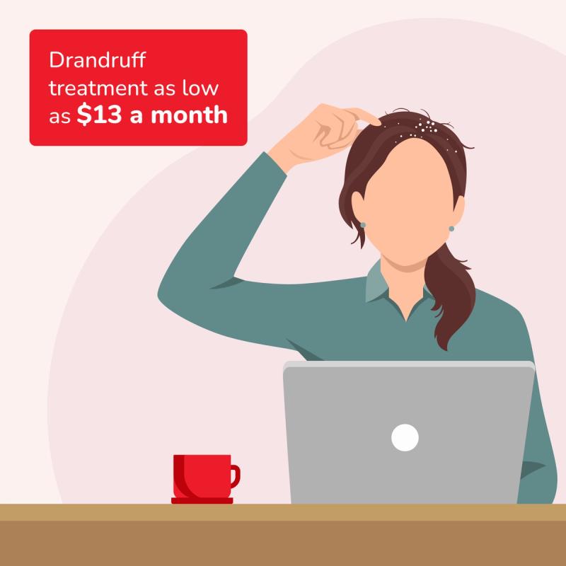 Illustration of Dandruff Online Consultation. Dandruff Treatment for $13/Month.