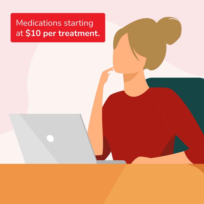 Illustration of Woman on Laptop. Medications Starting at $10 Per Treatment