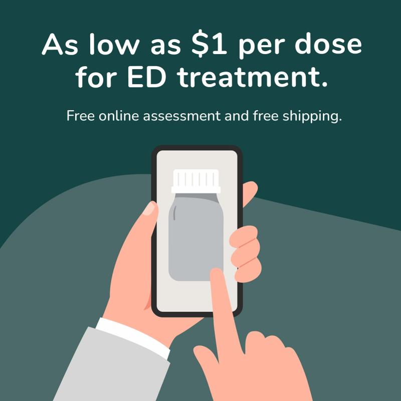 Illustration of Hands Completing ED Assessment Online. Treatment As Low As $1 Per Dose.