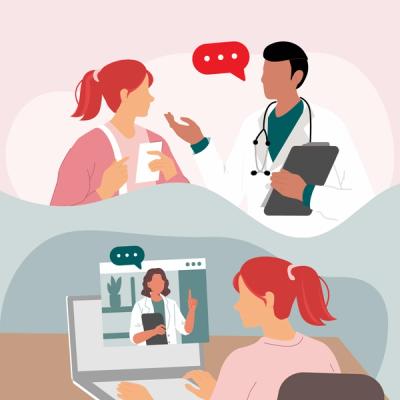 Illustration of In-Person Doctor Visit vs. Telehealth Visit
