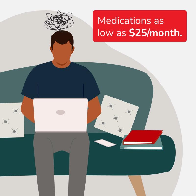 Illustration of Man on Laptop. Medications As Low As $25/Month.