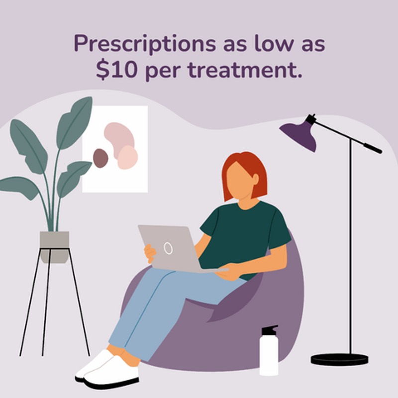 Illustration of woman on laptop. Prescriptions as low as $10 per treatment. 