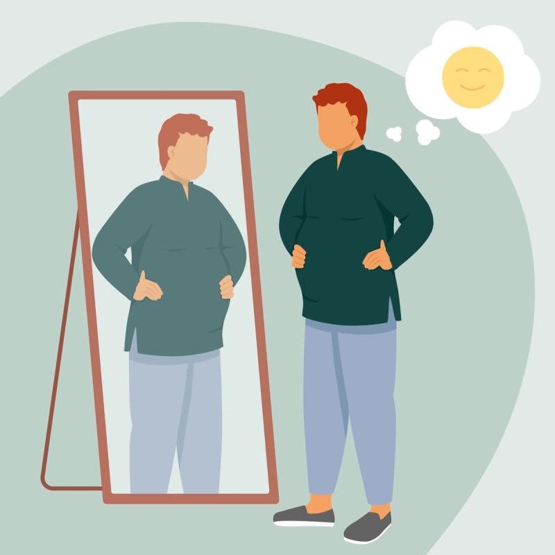 Illustration of man looking in full body mirror trying to decide the best injection for weight loss