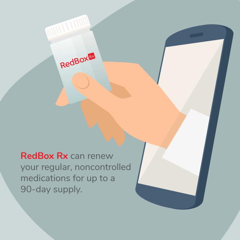 Illustration describing how RedBox Rx Can Renew Your Regular, Noncontrolled Medications For Up To A 90-Day Supply.