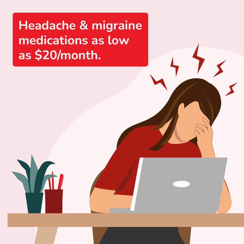 Illustration of a Woman on Computer with a Headache. Headache and Migraine Medications as low as $20/Month.