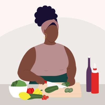 Illustration of a woman using the semaglutide diet plan cutting up vegetables on a cutting board 