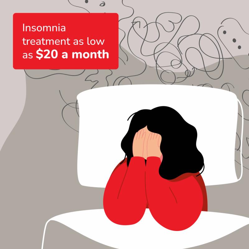 Illustration of Woman Unable to Sleep. Insomnia Treatment As Low As $20/Month.