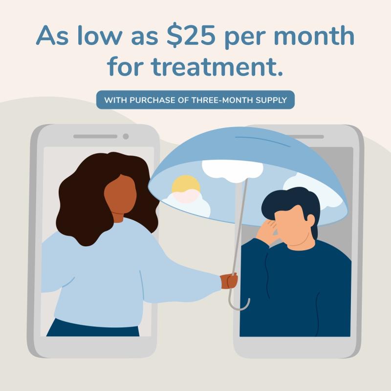 Illustration Stating as Low as $25 Per Month for Treatment With Purchase of Three-Month Supply.