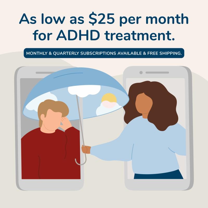 Women holding umbrella over mans head with text that reads: "As low as $25 per month for ADHD treatment. 