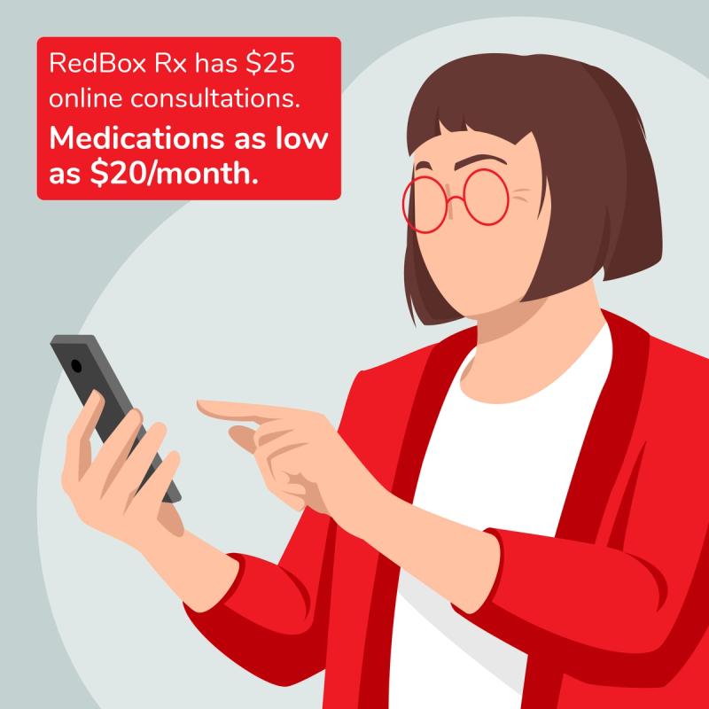 Illustration of woman using RedBox Rx on her phone. $25 Online Consultations. Medications as Low as $20/Month.