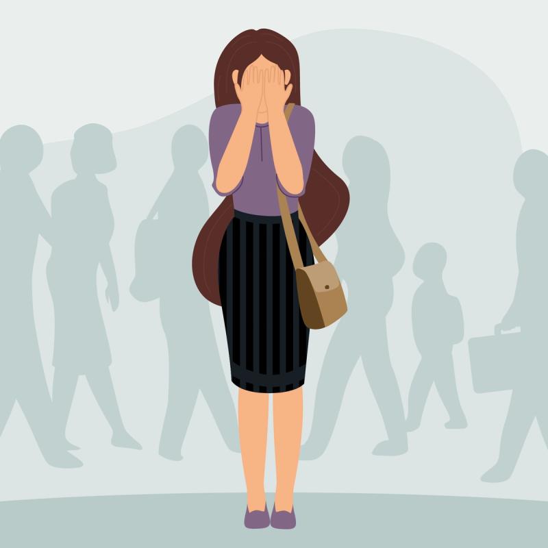 Illustration of person experiencing social anxiety, covering her face with her hands as people walk behind her.