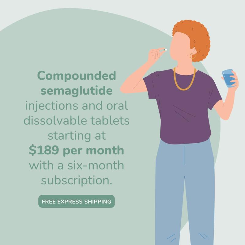 Person taking weight loss pill with a glass of water. Compounded semaglutide injections and oral dissolvable tablets starting at $189 per month with a six-month subscription. Free express shipping available.