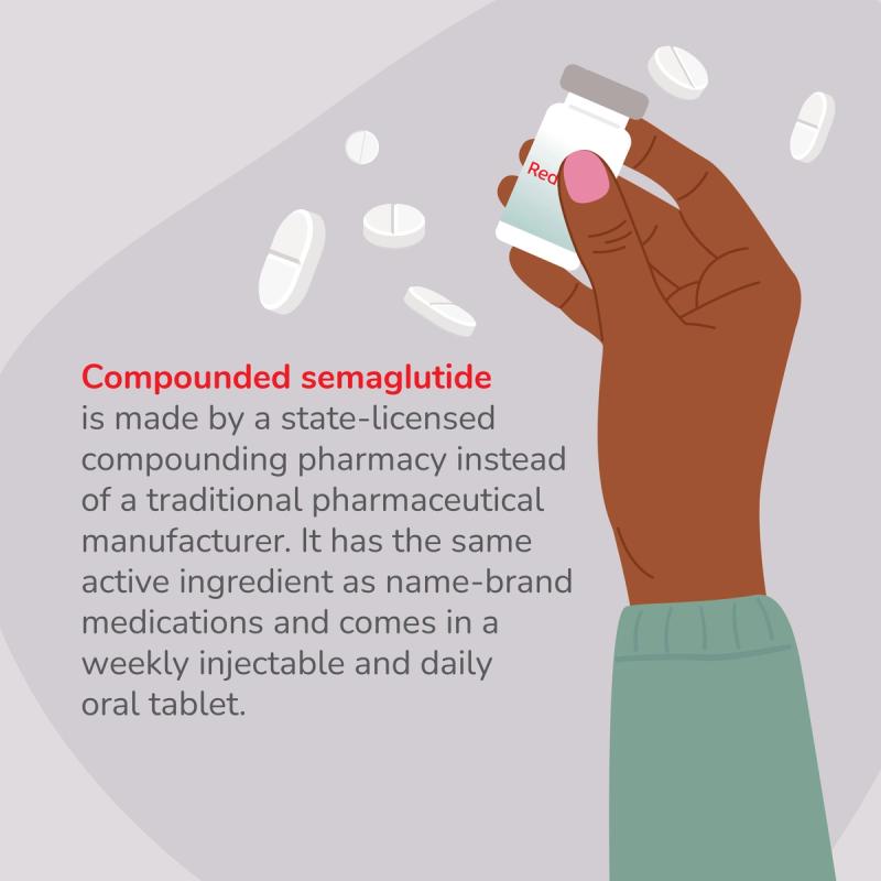 Illustration of a hand holding a bottle of compounded semaglutide.