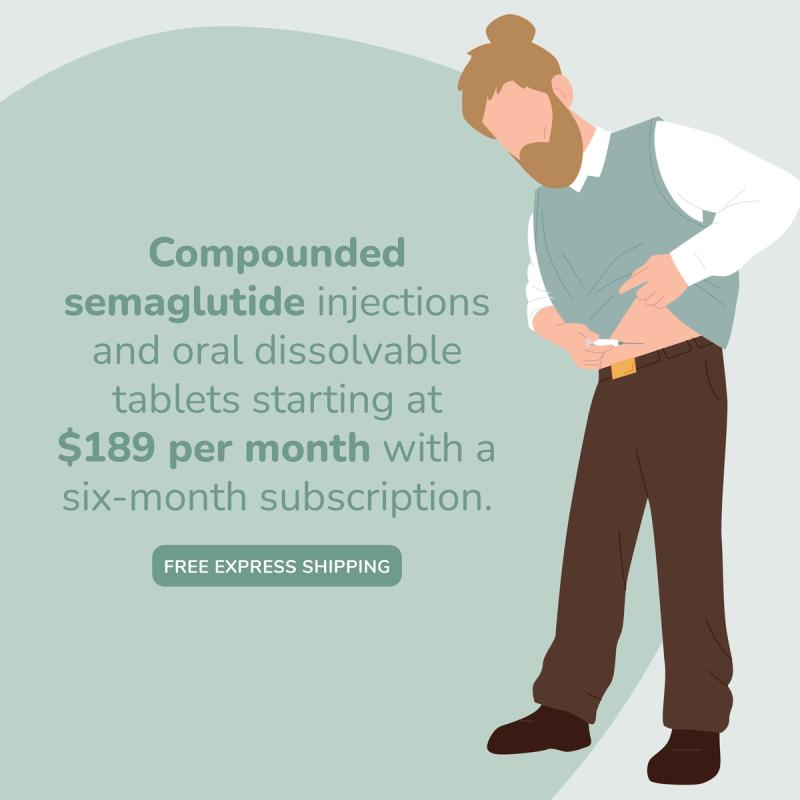 Illustration of man using weight loss injection. Compounded semaglutide injections and oral dissolvable tablets starting at $189 per month with a six-month subscription.