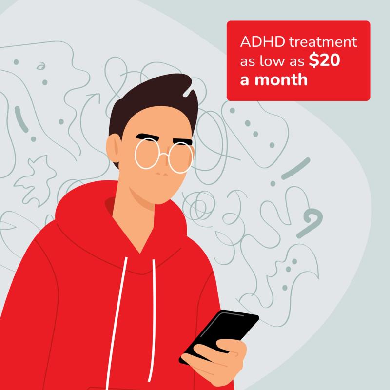 Illustration of Man Completing ADHD Consult On Phone. ADHD Treatment for $20/month.