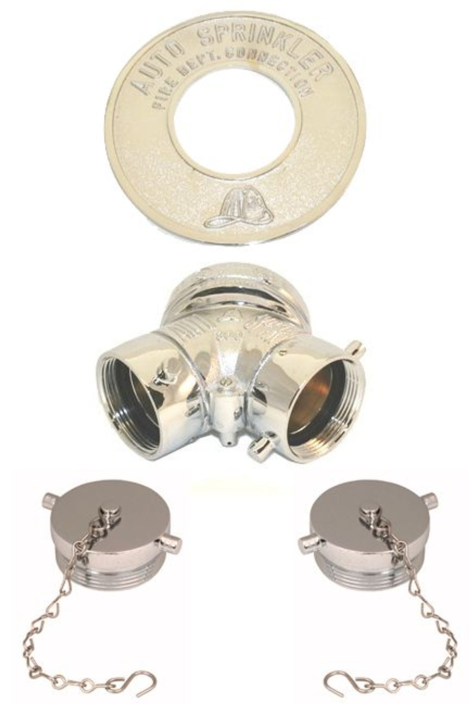 Toma Siamesa W&C FDC cromada completa con tapones y plato