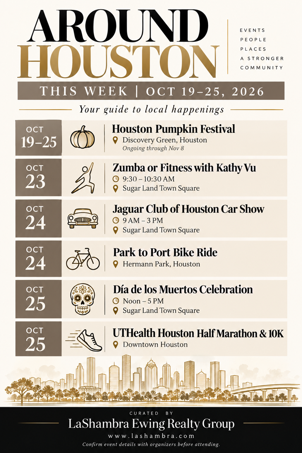 Around Houston events Oct 19–25, 2026: Houston Pumpkin Festival at Discovery Green, Zumba, a Jaguar car show and Día de los Muertos at Sugar Land Town Square, Park to Port Bike Ride at Hermann Park, and the UTHealth Houston Half Marathon downtown