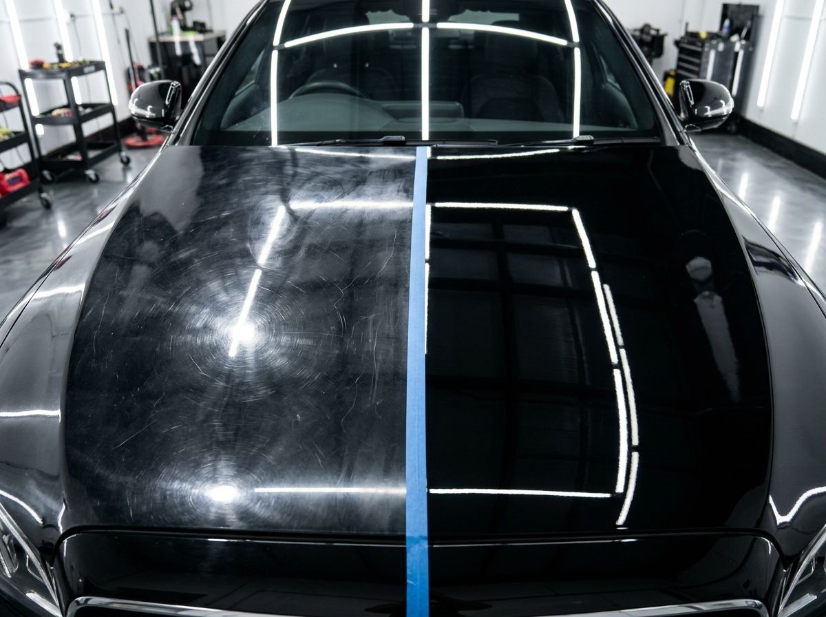 Example of paint correction: a black bonnet taped down the middle, swirl marks on the left, a mirror finish on the right