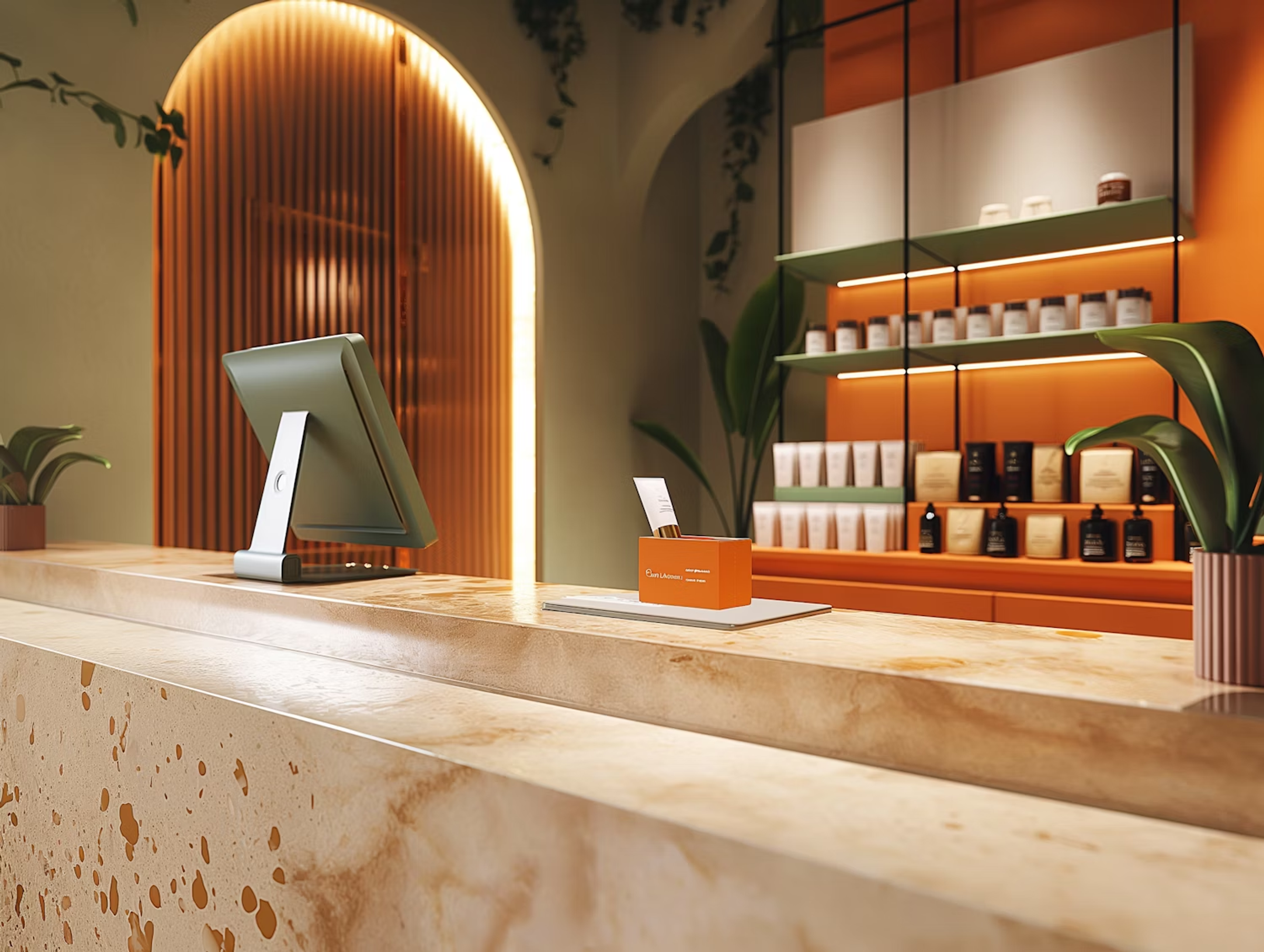 Tablet on a marble reception desk in front of a wooden slatted wall