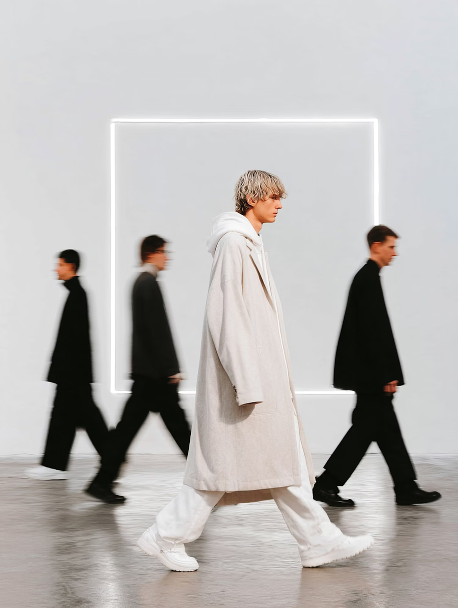 Man in a long off-white coat walking among people dressed in black