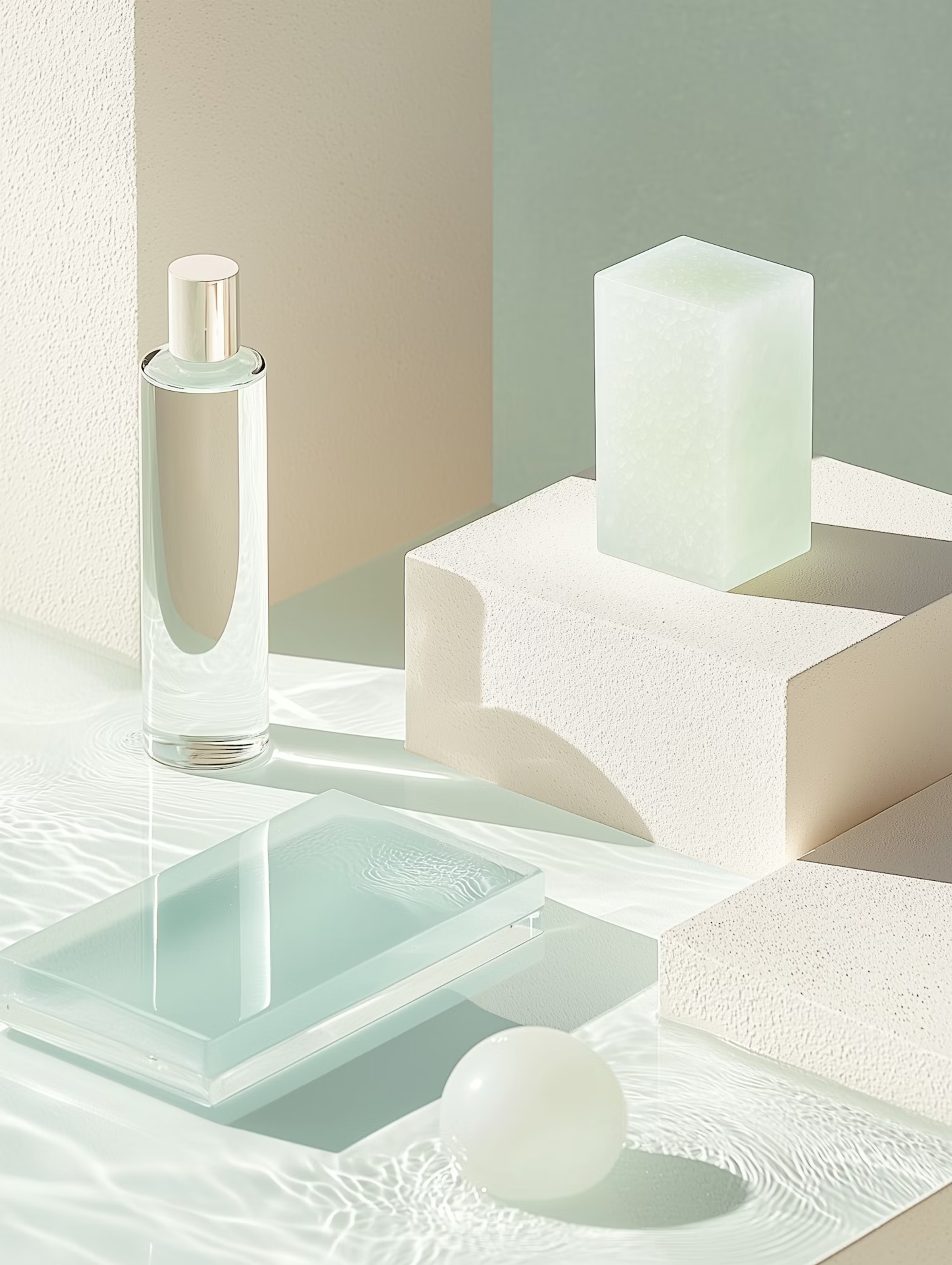 Glass bottle and pale green blocks arranged on white stone