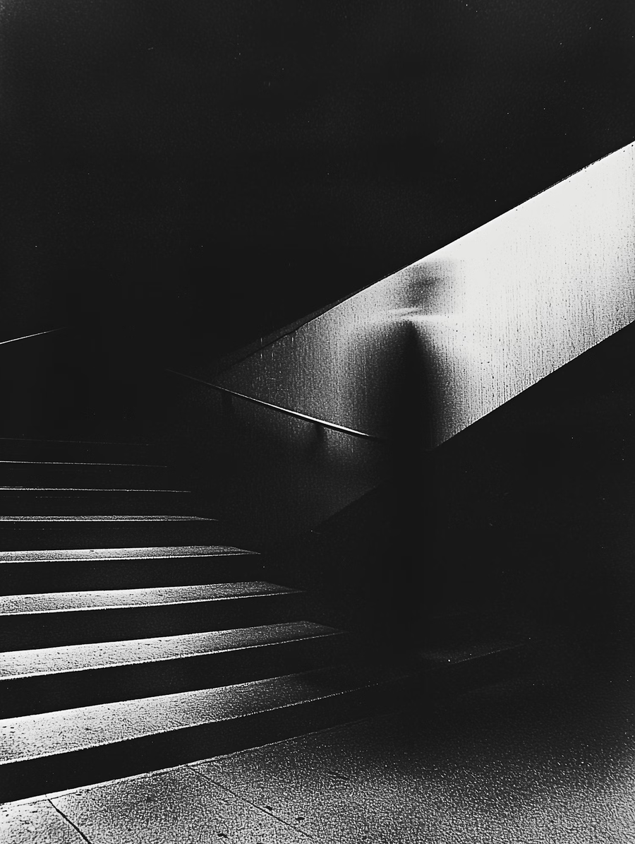 Black and white staircase lit by a beam of light
