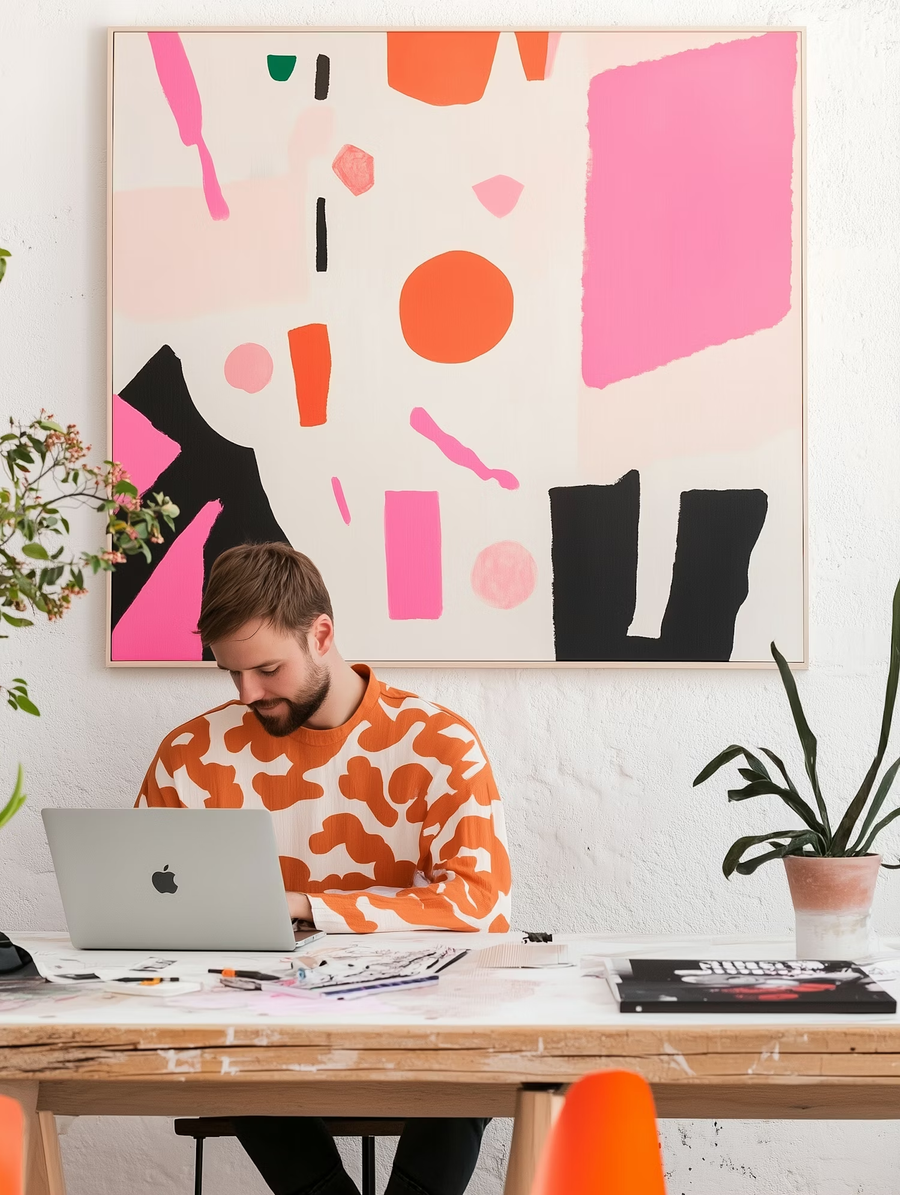 Man working on a laptop at a desk in front of a colourful painting