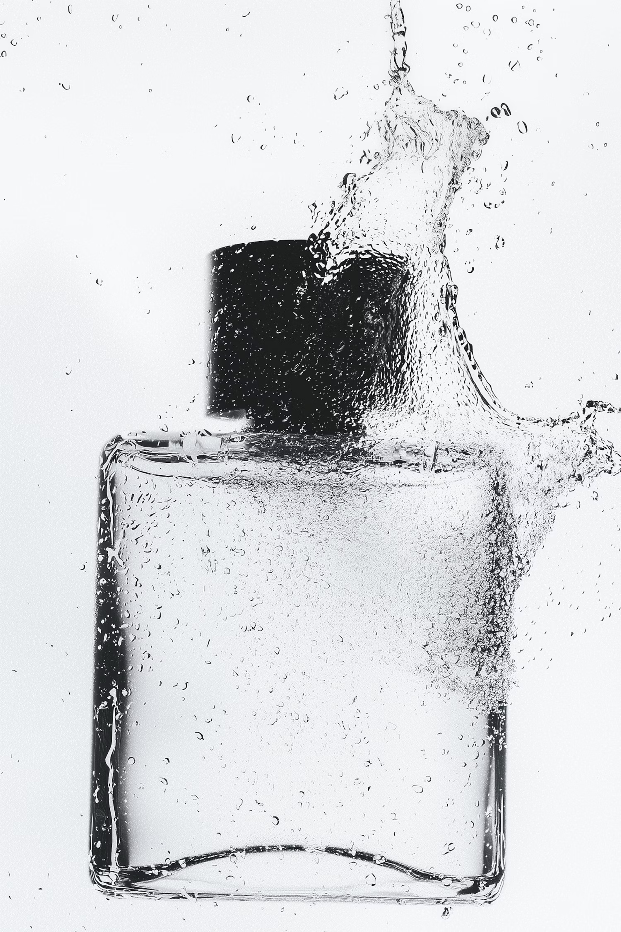 Black and white perfume bottle surrounded by splashing water