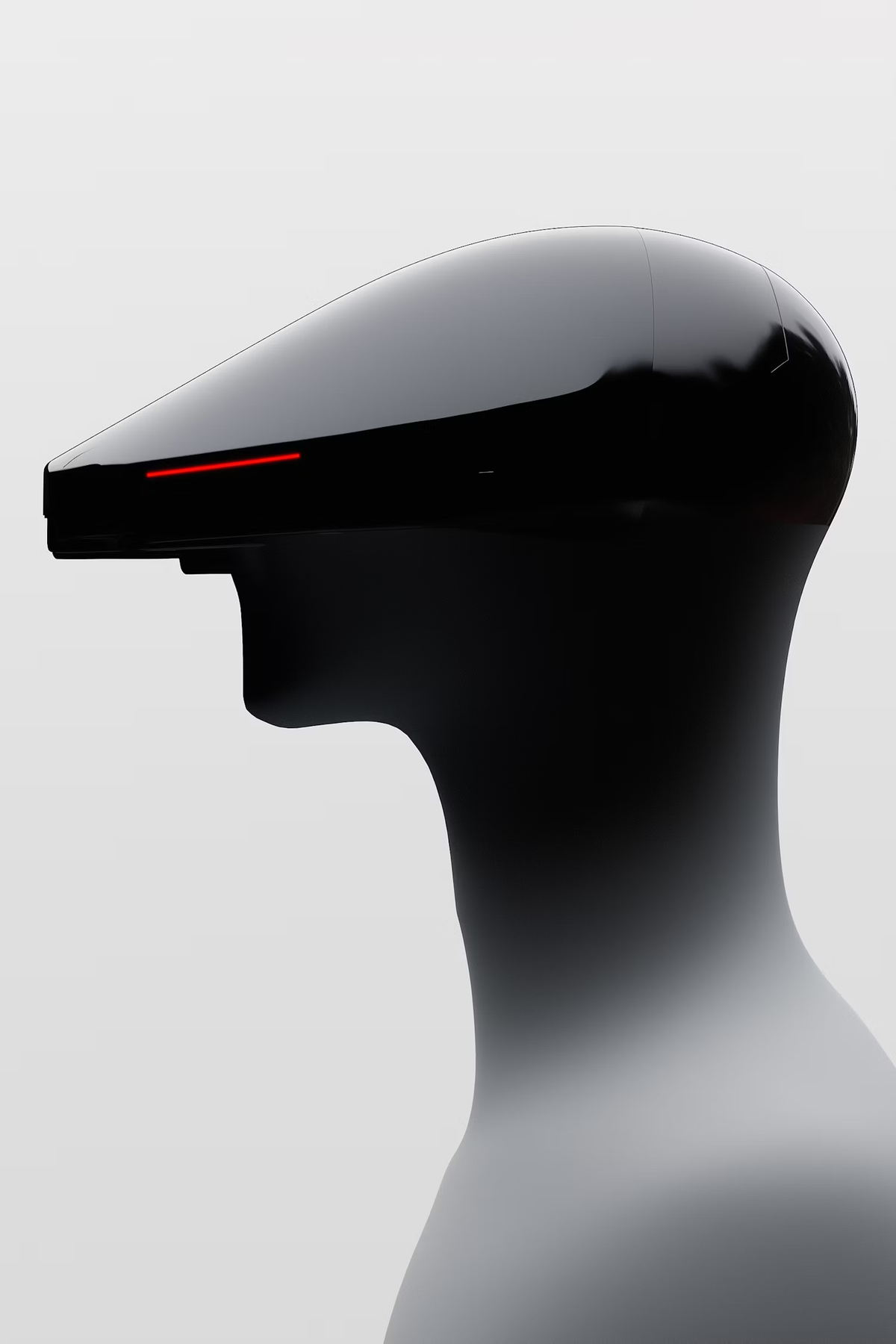 Black head-shaped figure wearing a visor with a red light