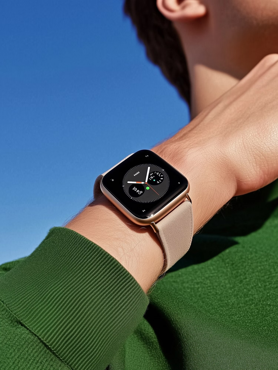 Rose-gold smartwatch on a wrist against a blue sky