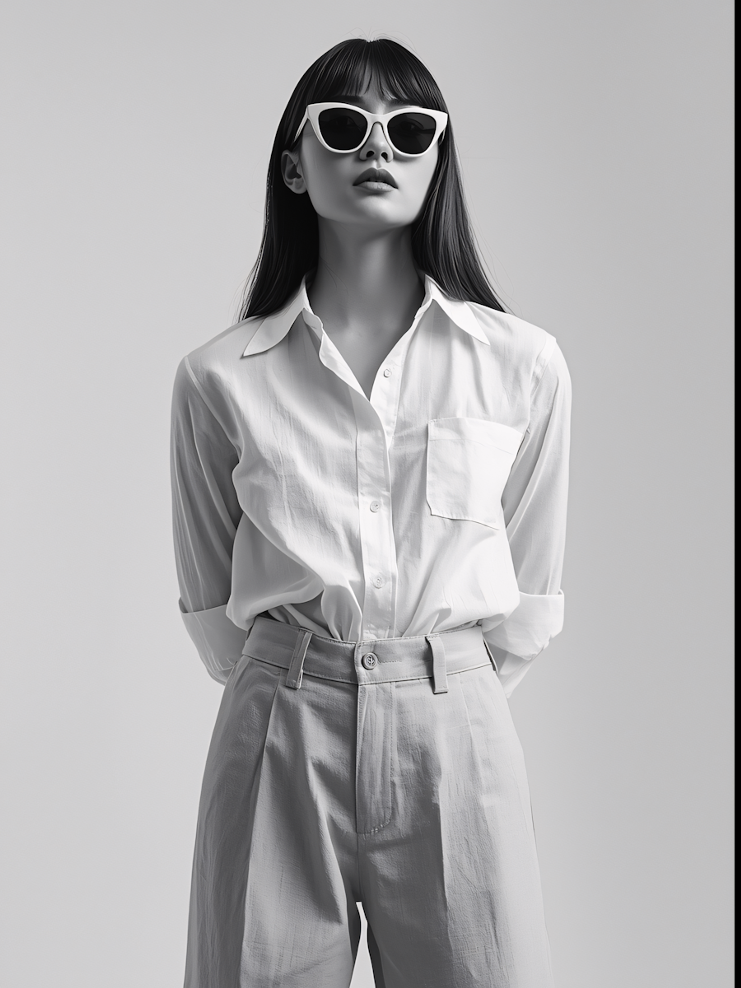 Black and white portrait of a woman with a fringe wearing white cat-eye sunglasses