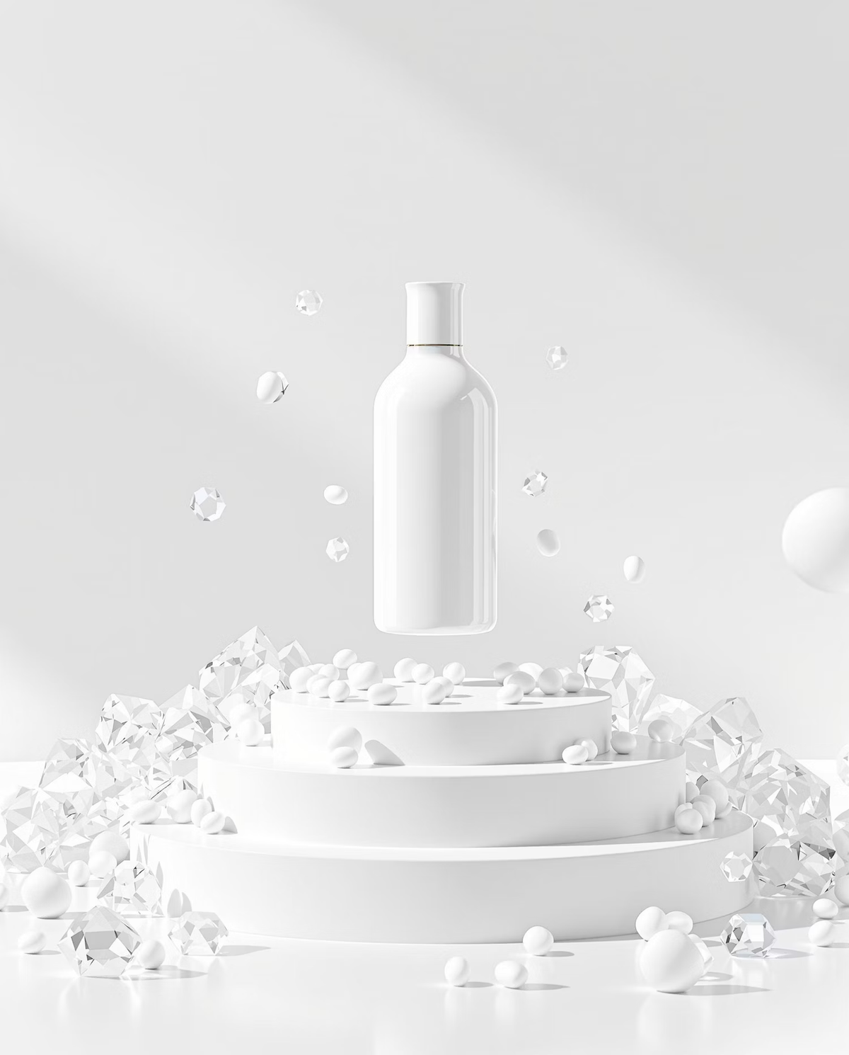 White bottle floating among ice cubes on a white background