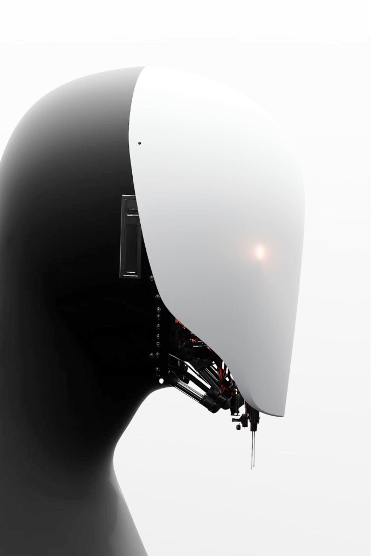 Black and white head-shaped device on a stand