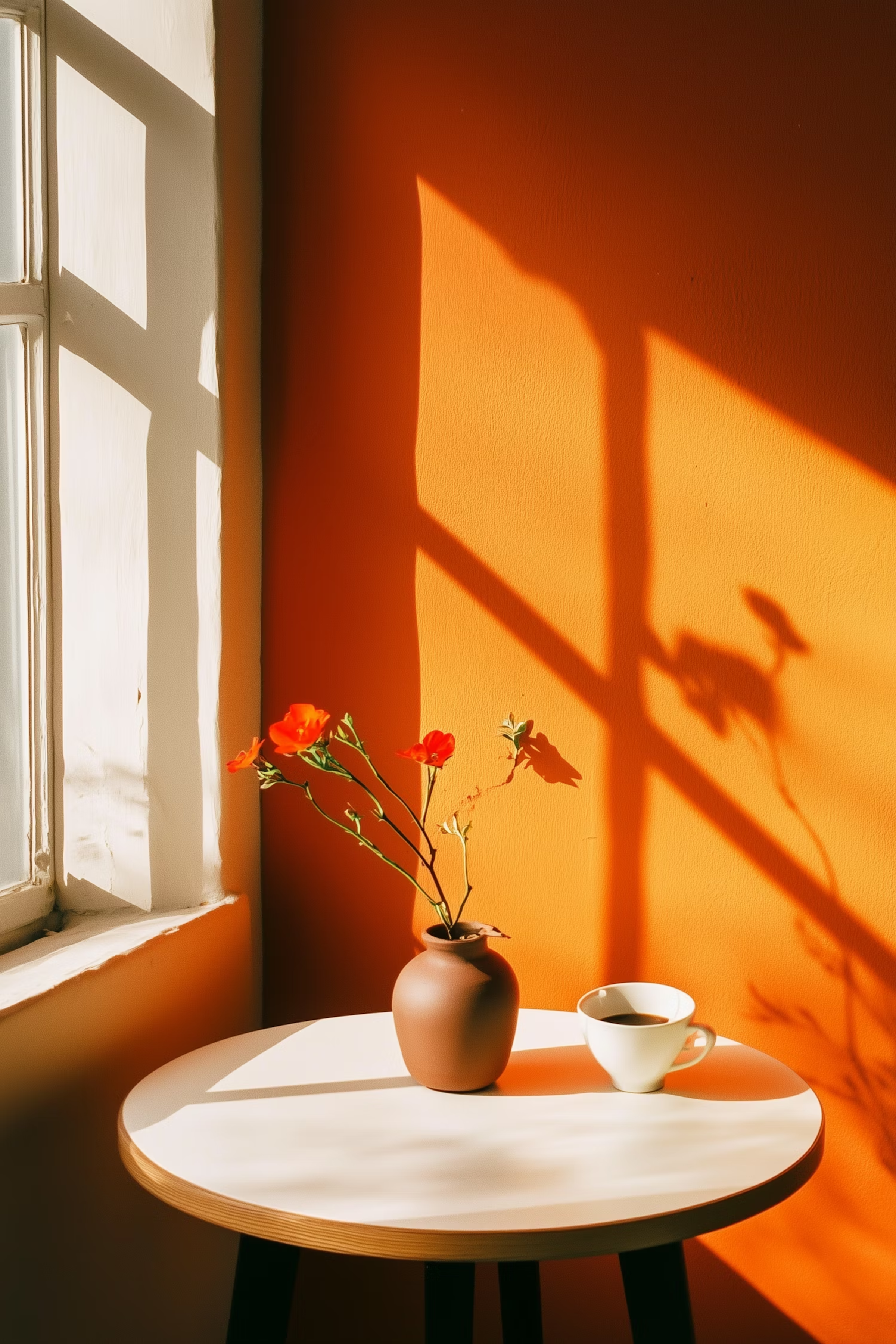 Round white table with a vase of red flowers and a coffee cup against an orange wall