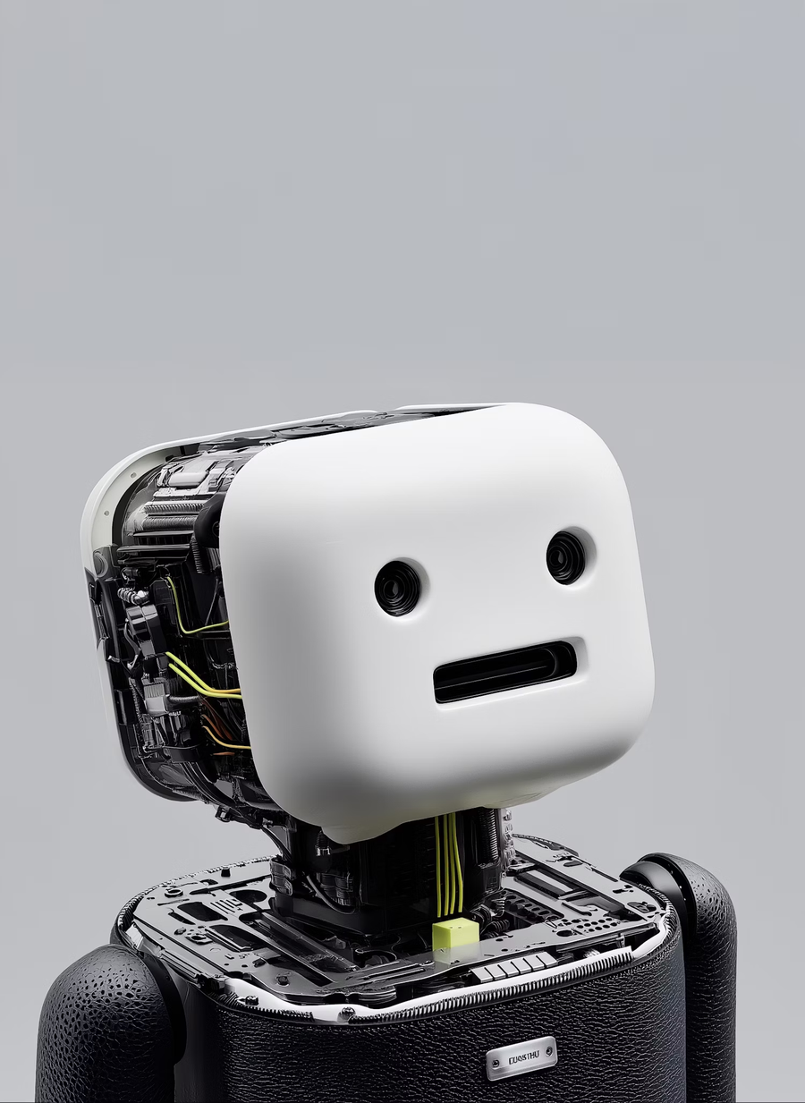 Robot with a white rounded head and a simple face on a grey background