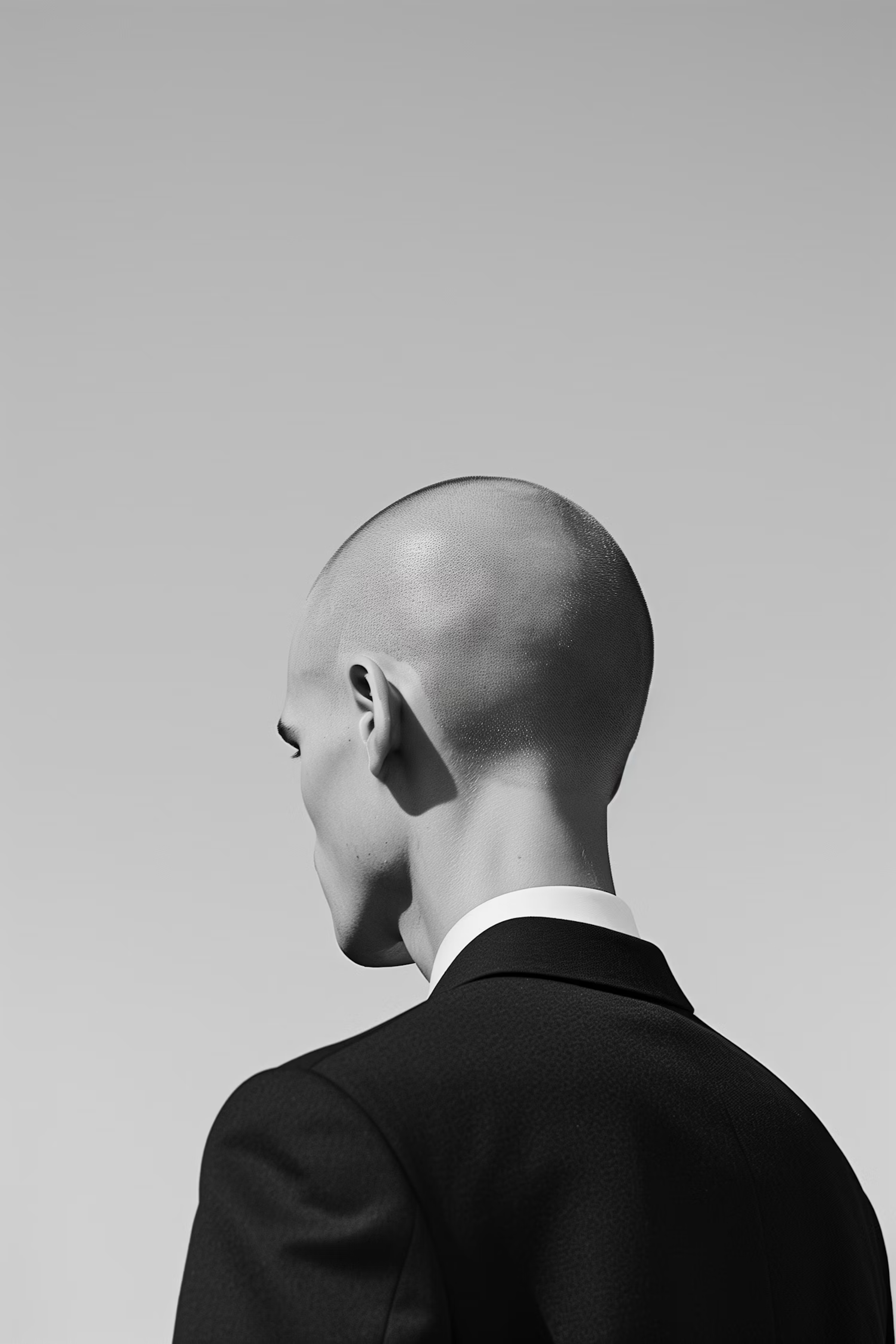 Black and white photo of the back of a man's shaved head