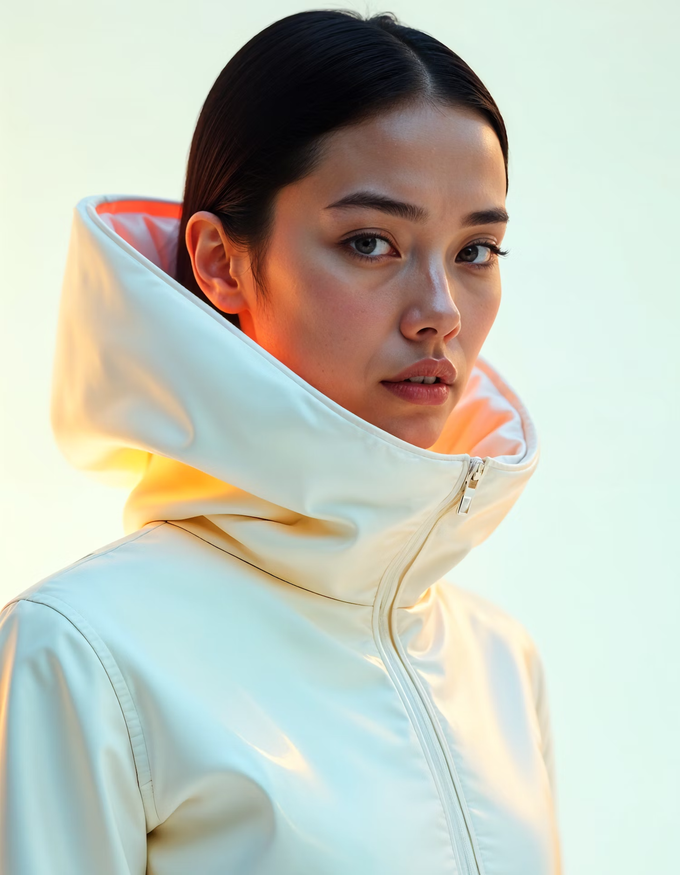 Woman in a white high-collared jacket looking to the side in warm light
