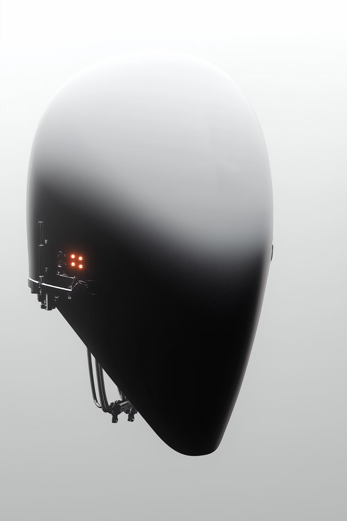 White head-shaped figure with small red lights