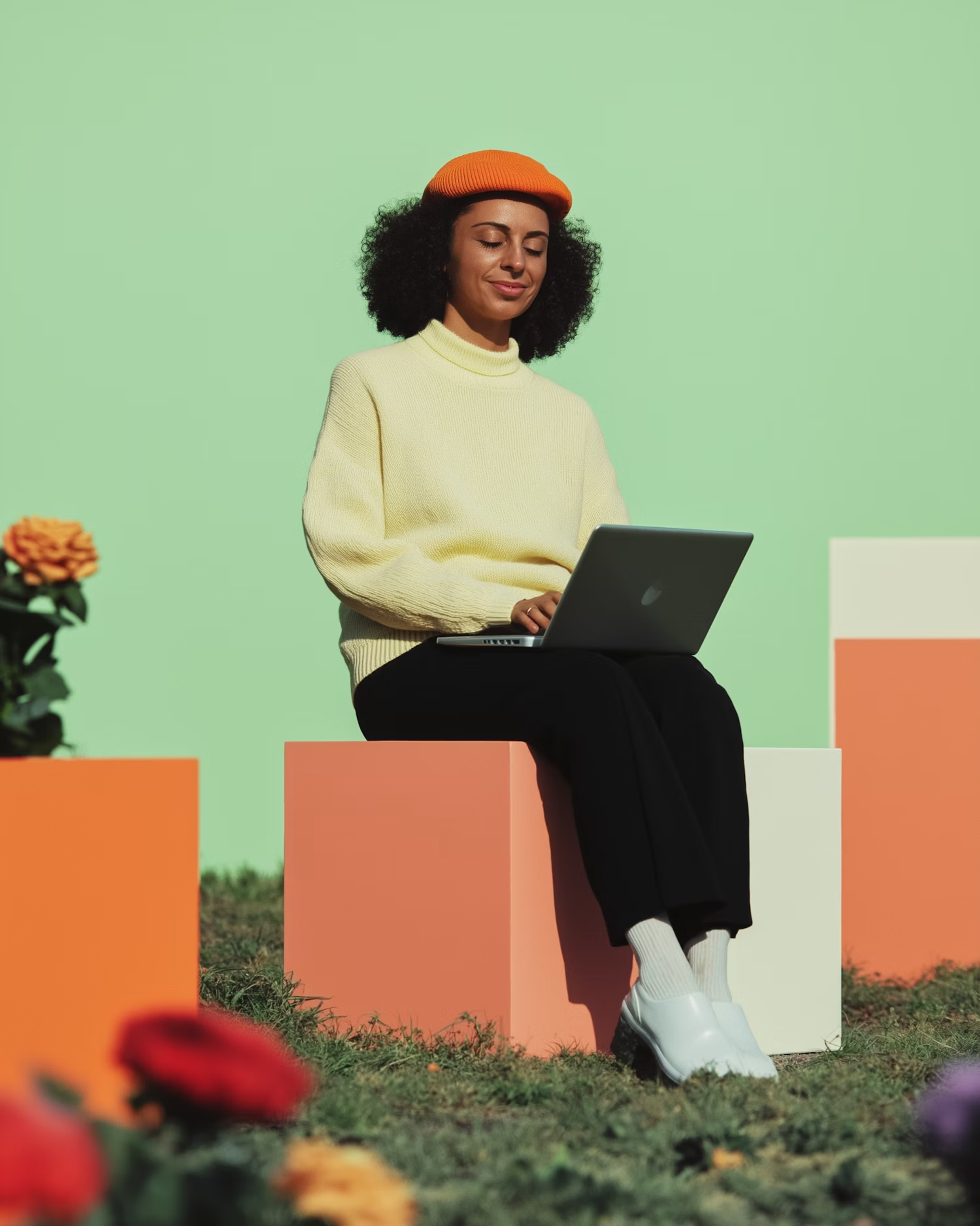 Smiling woman in an orange beanie and pale yellow jumper against a green background
