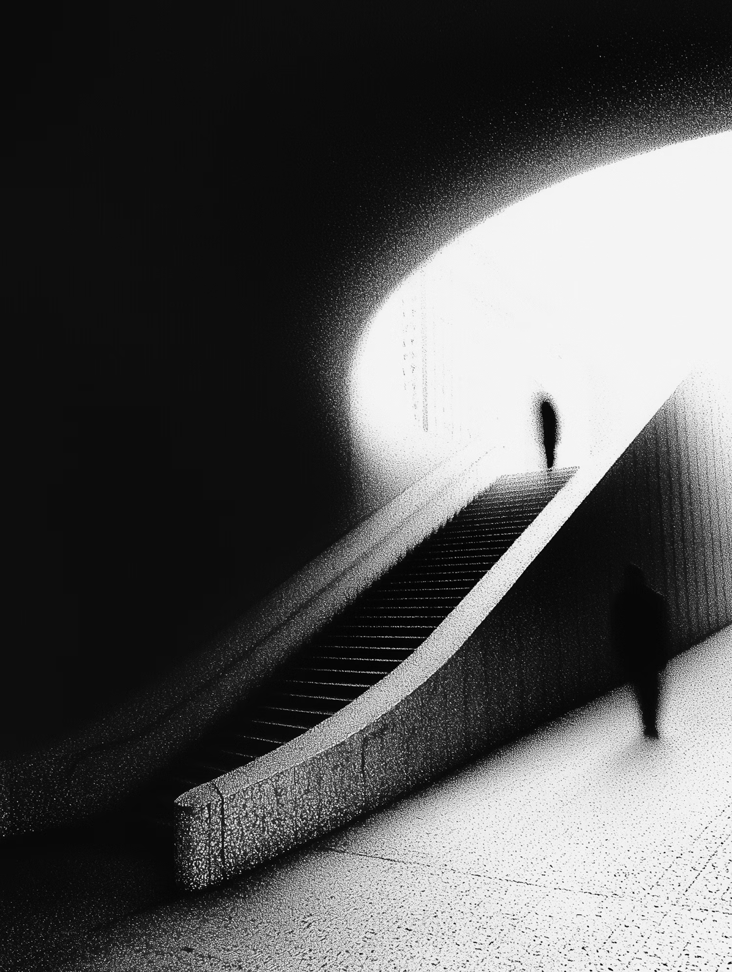 Grainy black and white photo of a figure at the top of a staircase