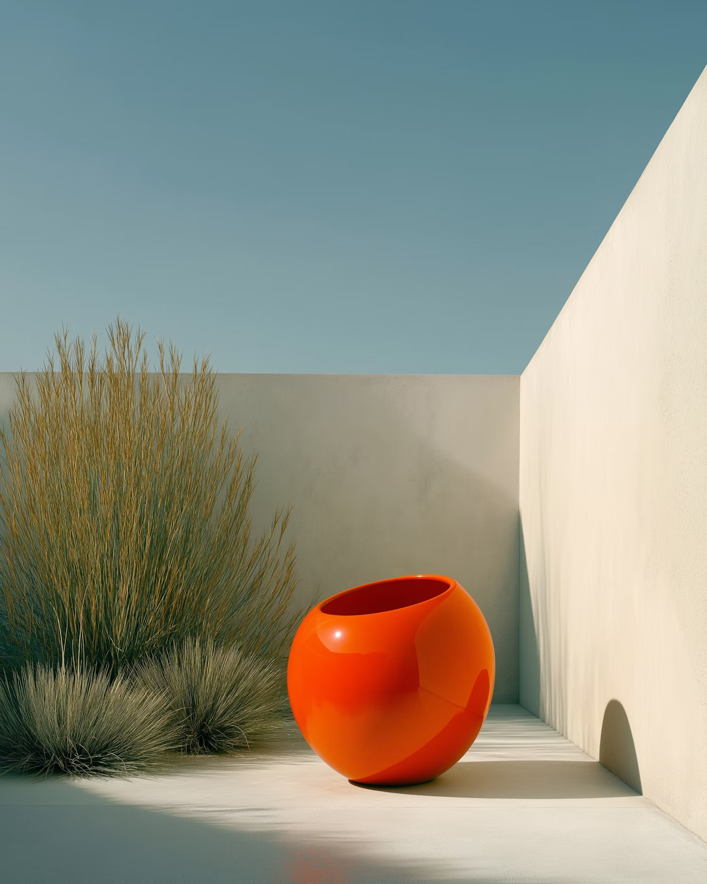 Glossy orange vase on the ground of a sunlit courtyard with grasses