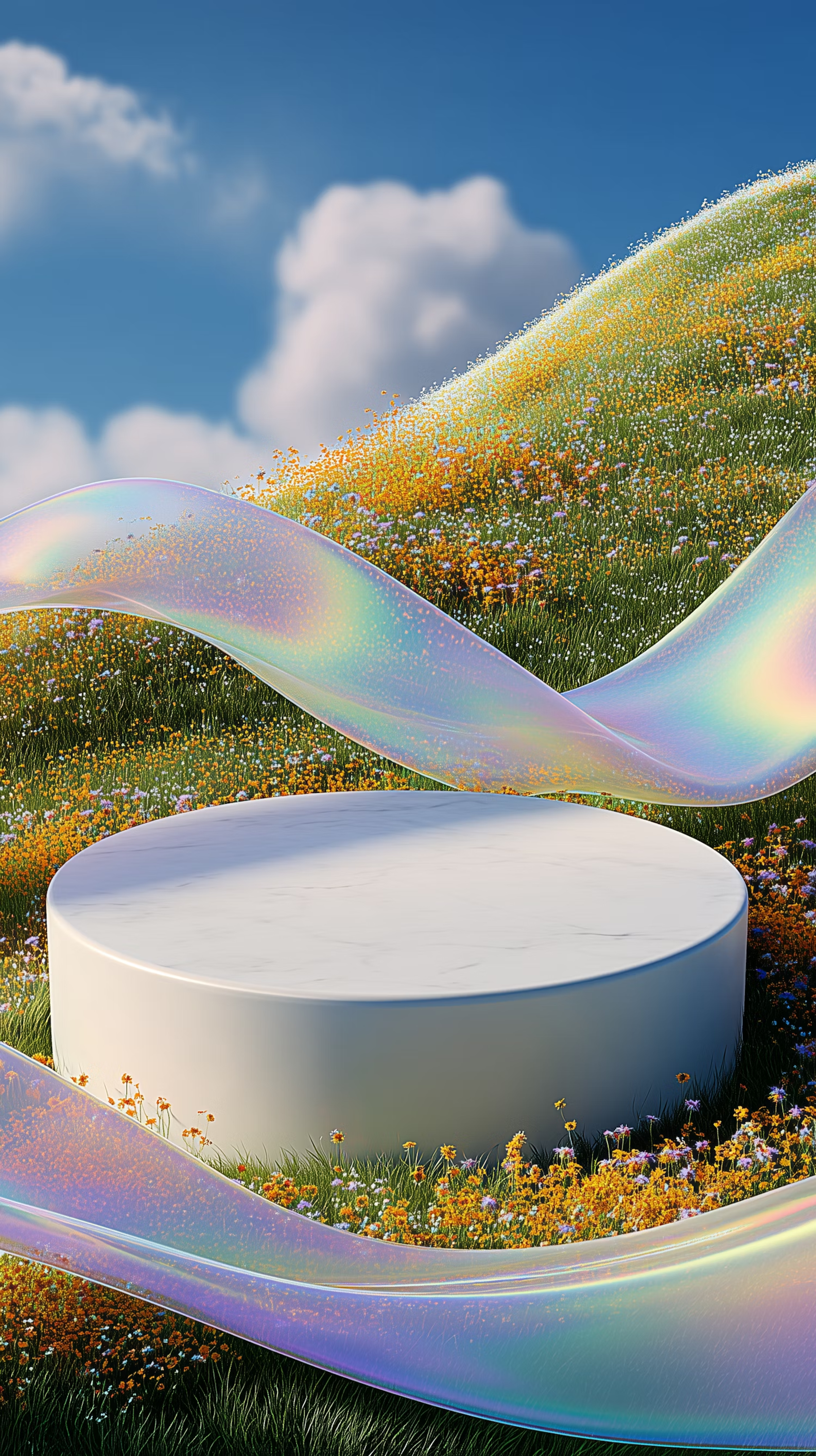 Iridescent ribbon curving over a white pedestal in a meadow